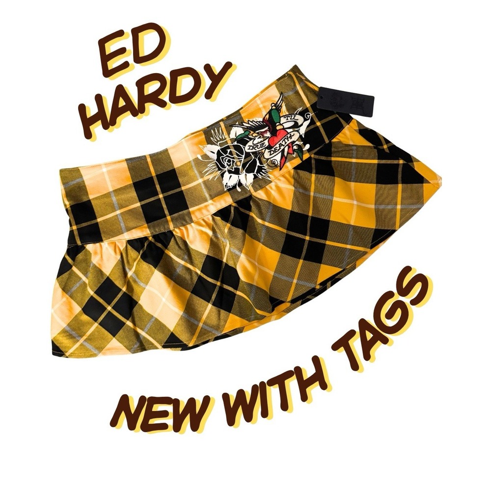 NWT Ed Hardy Yellow Black Plaid Mini Skirt True Til Death Eagle Y2K  Low Rise